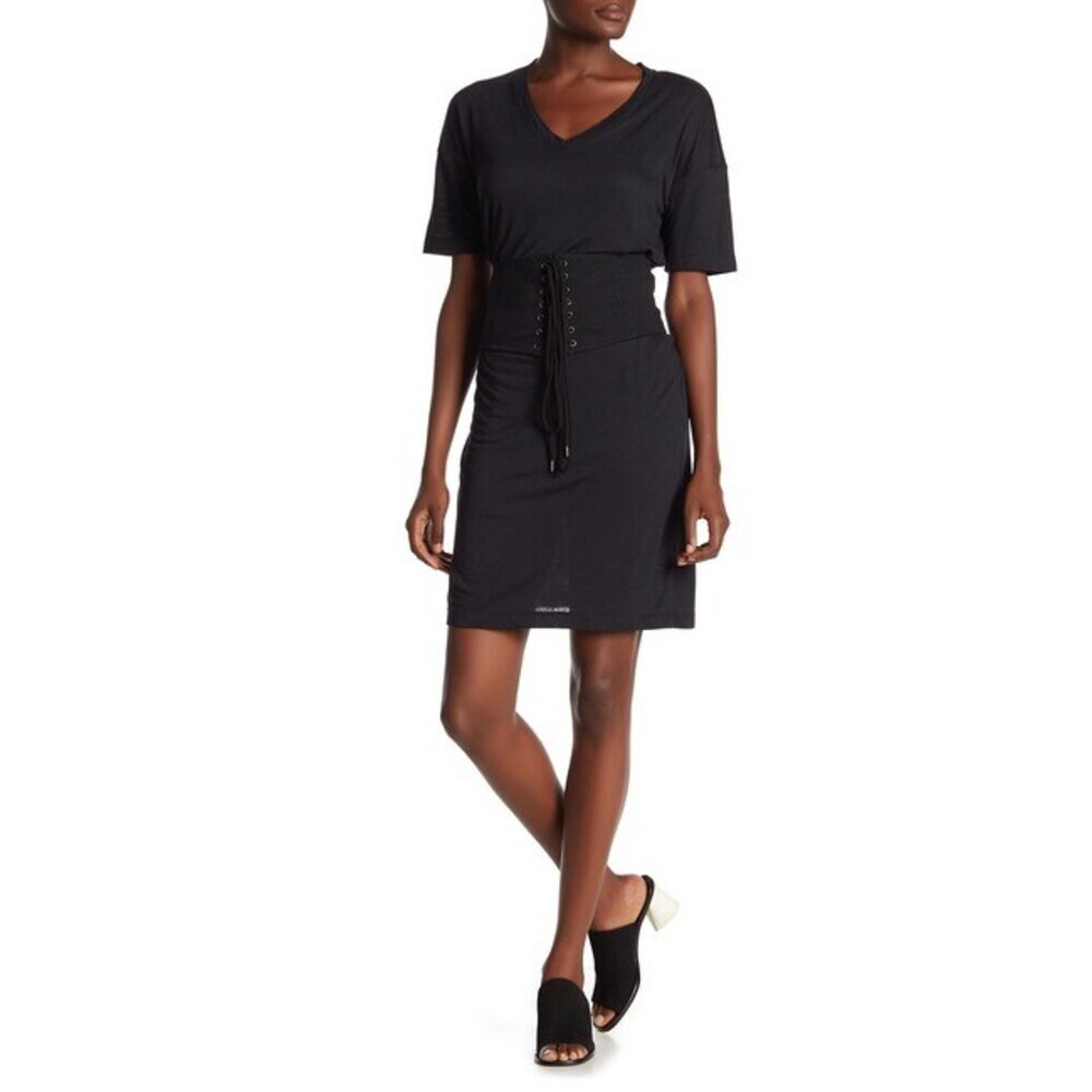 David Lerner women's V-Neck Corset Belted T-Shirt Dress In Black Size S